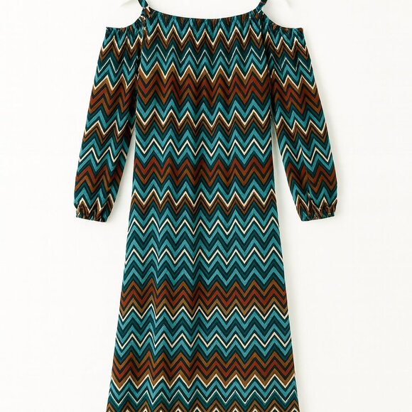 Cato Dresses & Skirts - Cato Plus Chevron Midi Dress - Teal Brown Cream Zigzag Cut-Out Shoulder 22W/24W